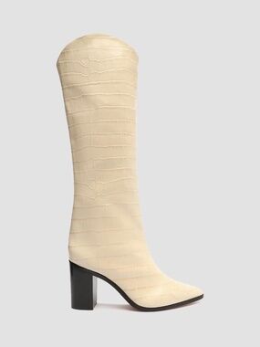 Schutz Maryana Croc-Embossed Leather Block Heeled Boots in white, size 9.5